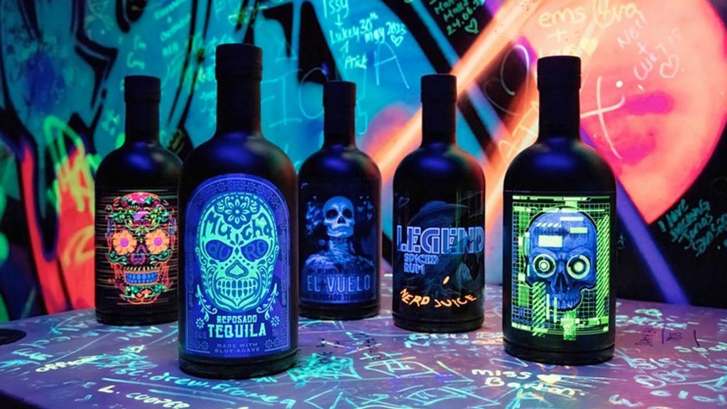 Étiquettes Alive By Night avec dorures fluorescentes réactives à la lumière noire